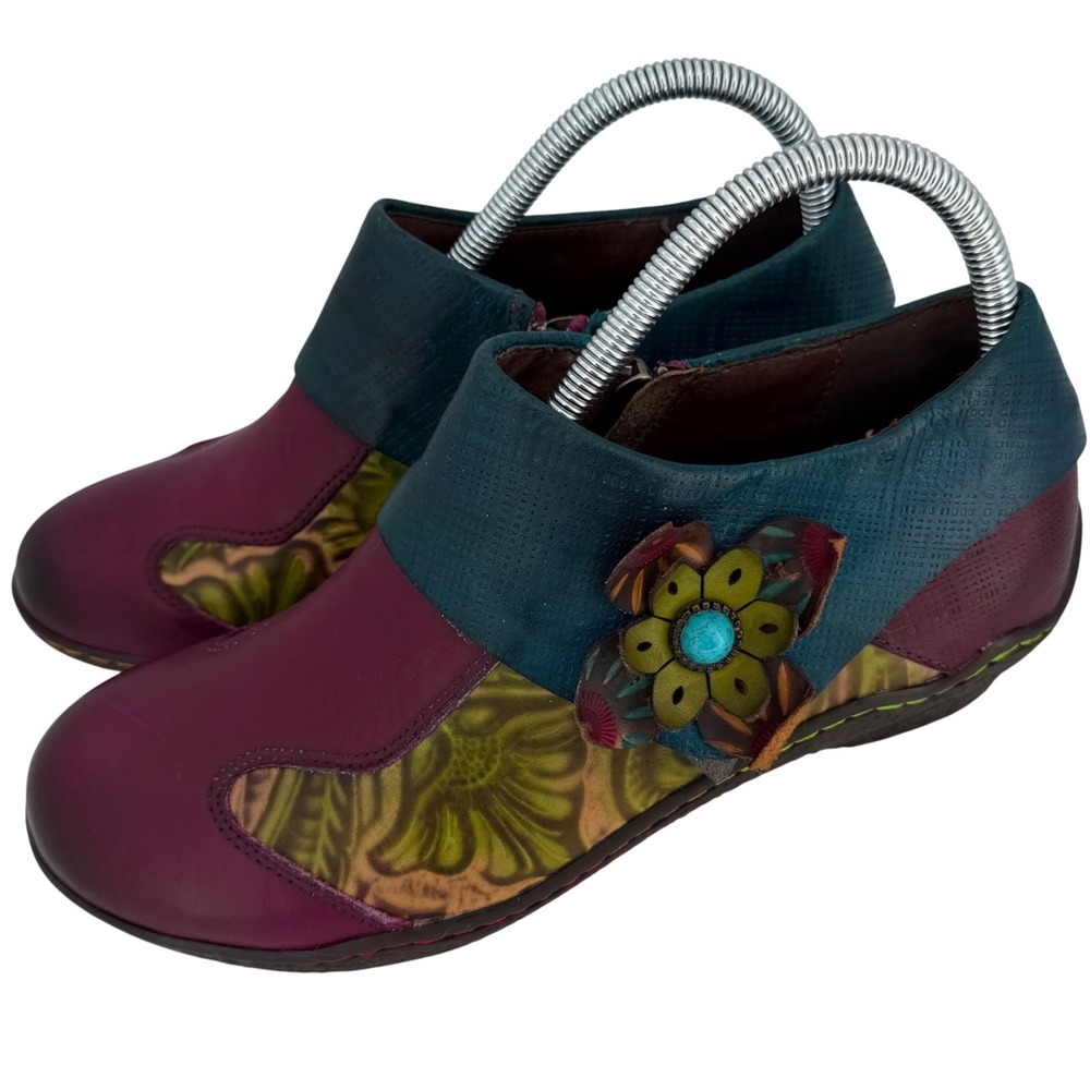Socofy Leather Floral Patchwork Ankle Boots Purple Teal Boho Art To Wear 39